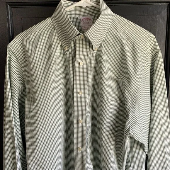 BROOKS BROTHERS  THE ORIGINAL POLO SHIRT Mens 16/35  LONG SLEEVE Green Checked - Picture 2 of 8